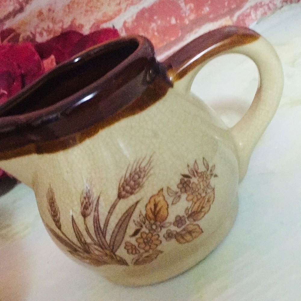 Vintage 70s Stoneware Wheat grass Pattern Sugar and Creamer Set - Picture 3 of 10